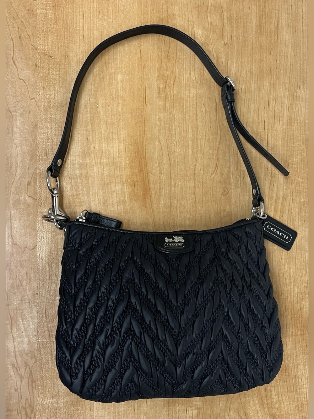 Coach 70th Anniversary Quilted Chevron black leather handbag LE EUC